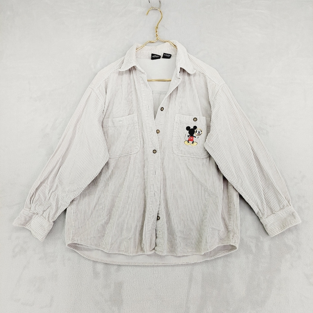 VINTAGE Disney Mickey Unlimited off white Button Up Corduroy Cotton Shirt P519